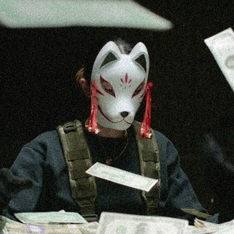 Thumbnail image for keshi's song 'B.Y.S.'. Depicts someone in a fox mask with money flying around them.
